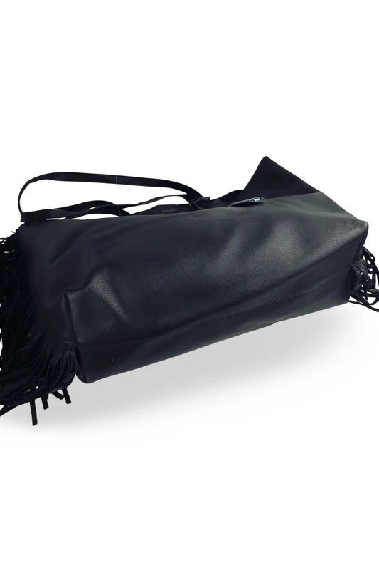 Yves Saint Laurent Fringe Black Leather East West Tote Shoulder Bag