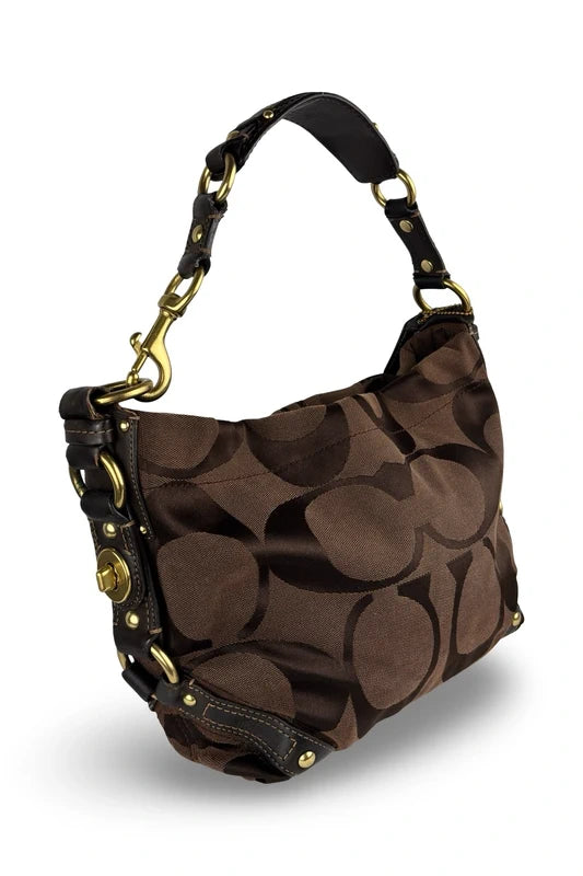 Coach Carly Brown Signature Hobo Studded Canvas & Leather Shoulder Bag