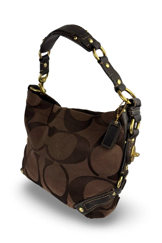 Coach Carly Brown Signature Hobo Studded Canvas & Leather Shoulder Bag
