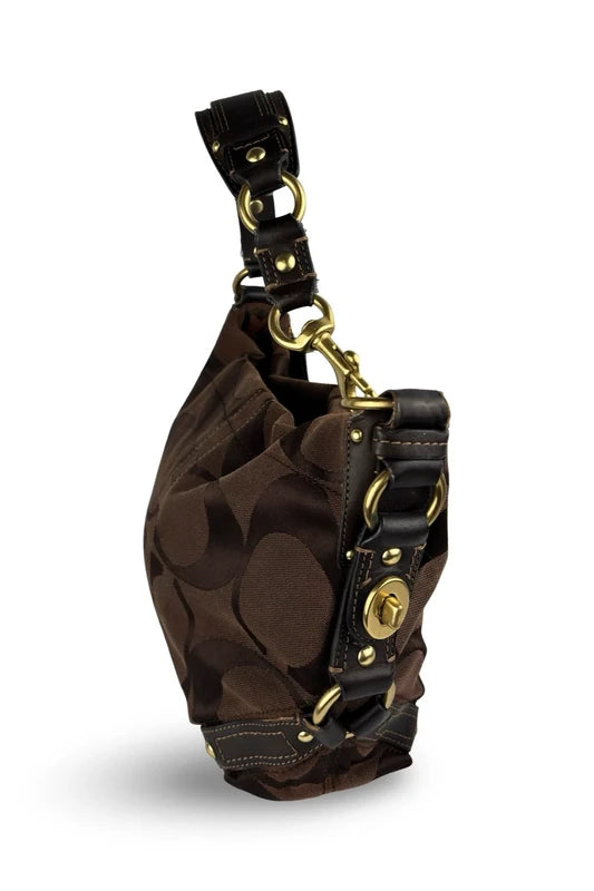 Coach Carly Brown Signature Hobo Studded Canvas & Leather Shoulder Bag