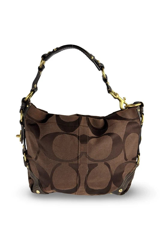 Coach Carly Brown Signature Hobo Studded Canvas & Leather Shoulder Bag