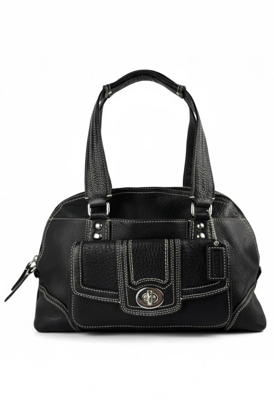 Coach Black Hampton Dome Pebbled Leather Turnlock Satchel Shoulder Bag