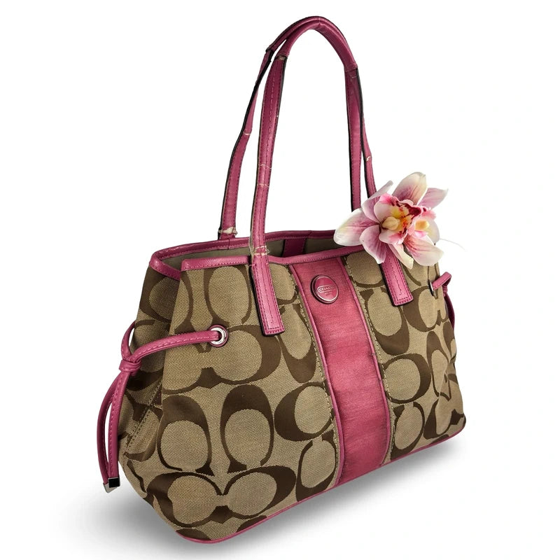 Coach Brown Khaki & Pink Signature Canvas & Patent Leather Tote Carryall Shoulder Bag