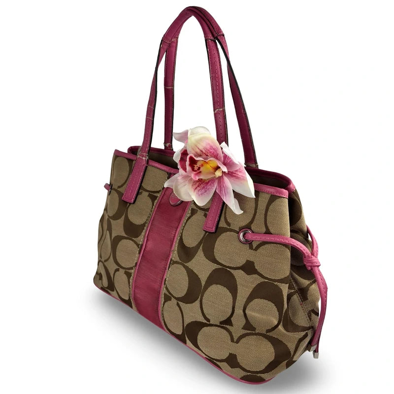 Coach Brown Khaki & Pink Signature Canvas & Patent Leather Tote Carryall Shoulder Bag