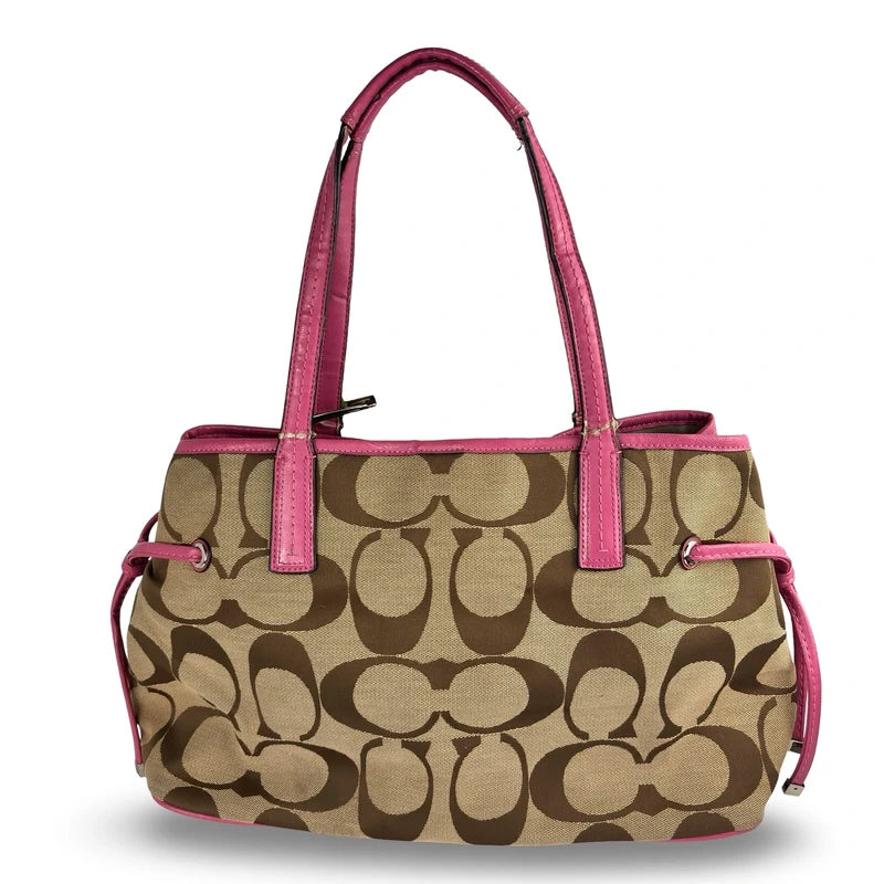 Coach Brown Khaki & Pink Signature Canvas & Patent Leather Tote Carryall Shoulder Bag