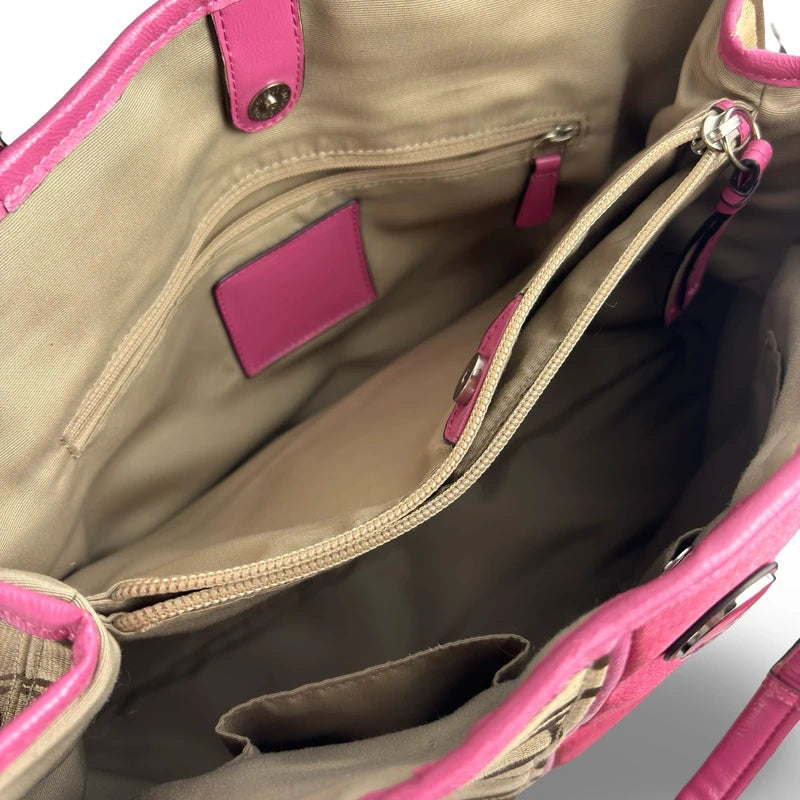 Coach Brown Khaki & Pink Signature Canvas & Patent Leather Tote Carryall Shoulder Bag