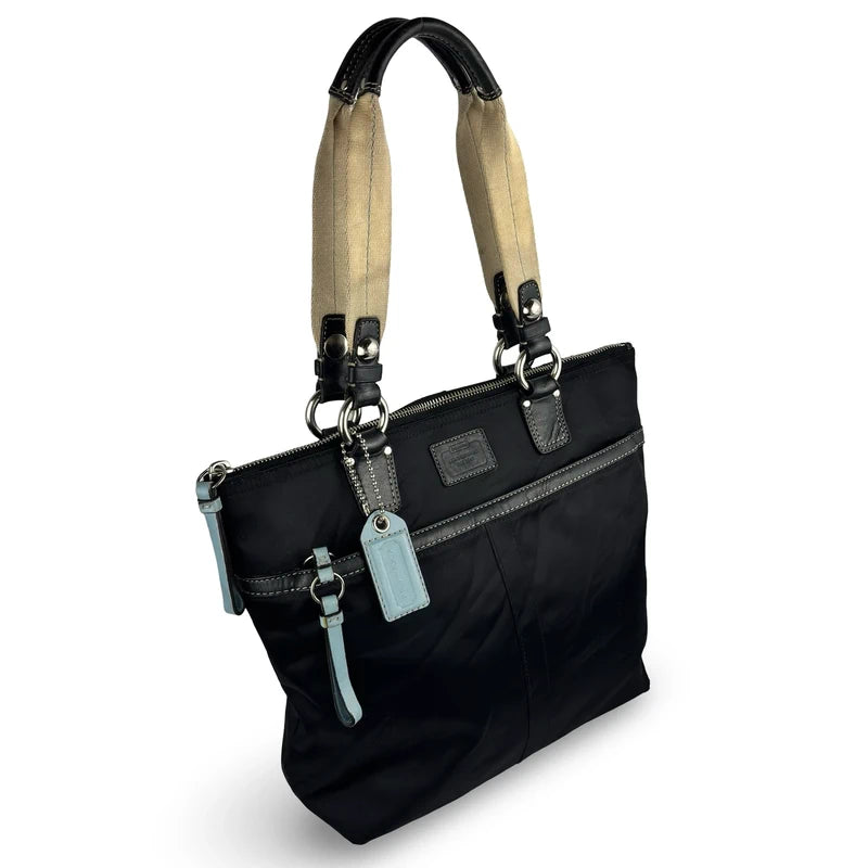 Coach Black Nylon Hamptons Leatherware & Light Blue Gallery Tote Shoulder Bag
