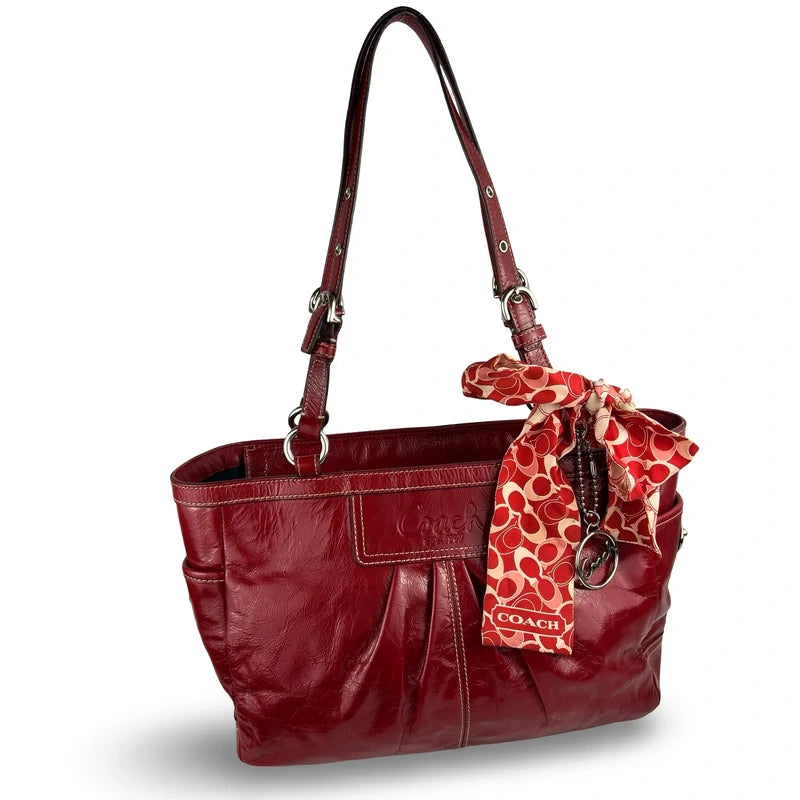 Coach Rare Red Vintage Gallery 2009 Patent Leather Tote Shoulder Bag & Scarf