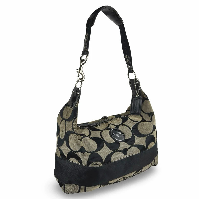 Coach Black & Grey Signature Stripe Vintage Canvas & Patent Leather Shoulder Bag
