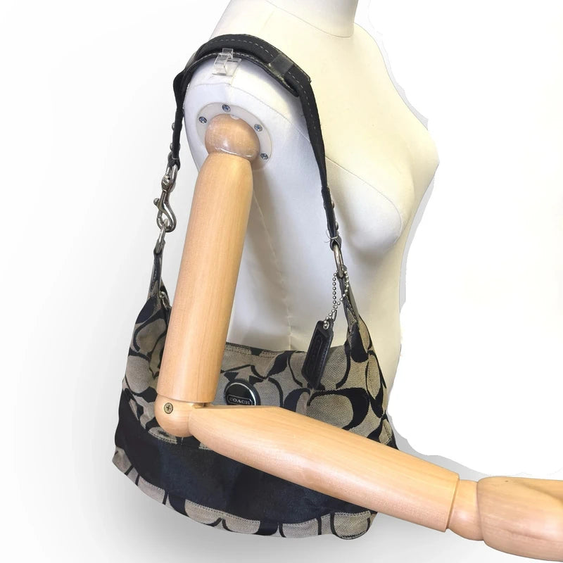 Coach Black & Grey Signature Stripe Vintage Canvas & Patent Leather Shoulder Bag