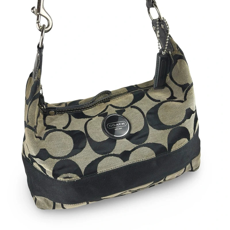 Coach Black & Grey Signature Stripe Vintage Canvas & Patent Leather Shoulder Bag