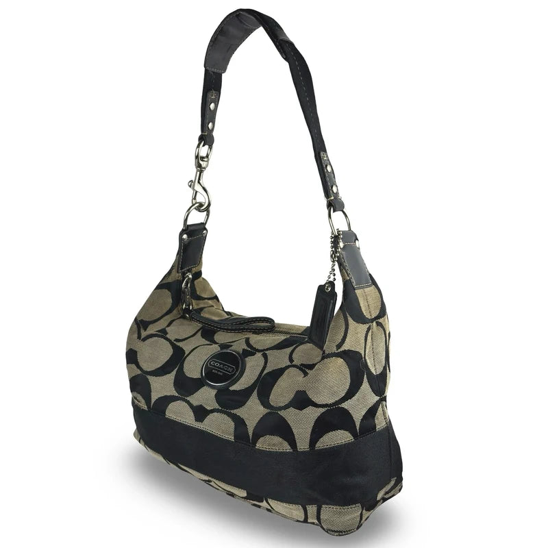 Coach Black & Grey Signature Stripe Vintage Canvas & Patent Leather Shoulder Bag