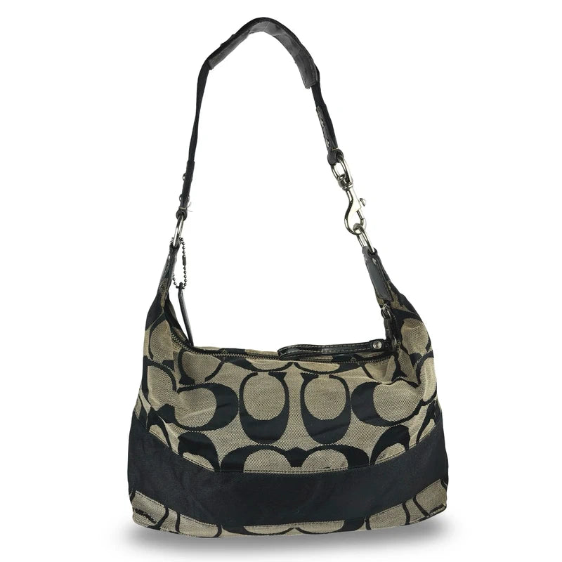 Coach Black & Grey Signature Stripe Vintage Canvas & Patent Leather Shoulder Bag