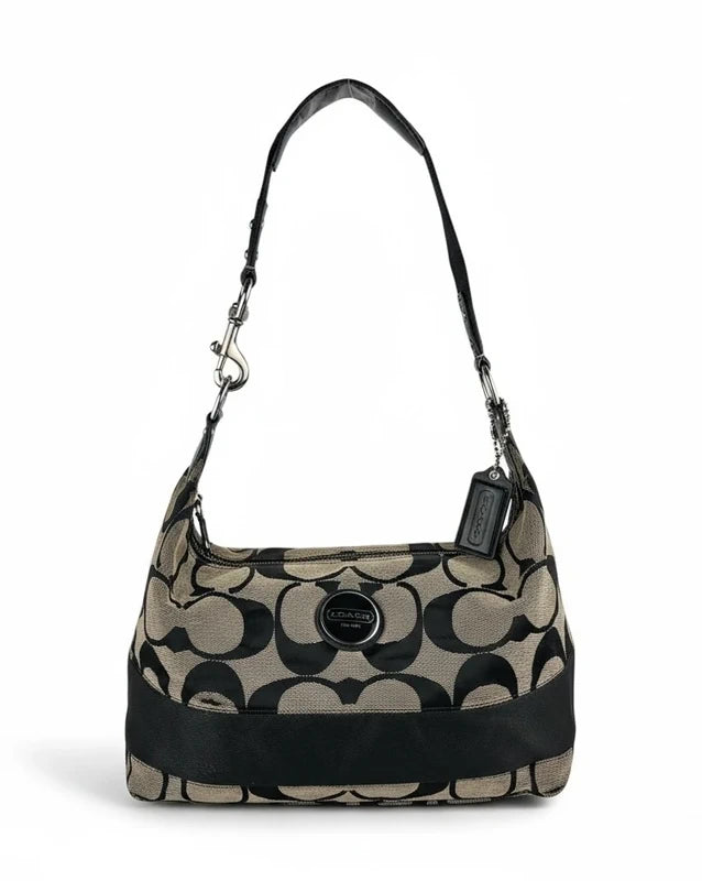 Coach Black & Grey Signature Stripe Vintage Canvas & Patent Leather Shoulder Bag