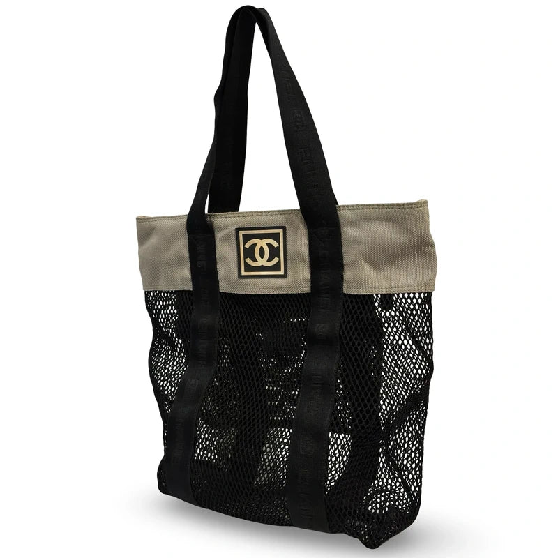 Chanel Rare 2003 Sports Line Vintage Canvas & Mesh Grey & Black CC Tote Shoulder Bag