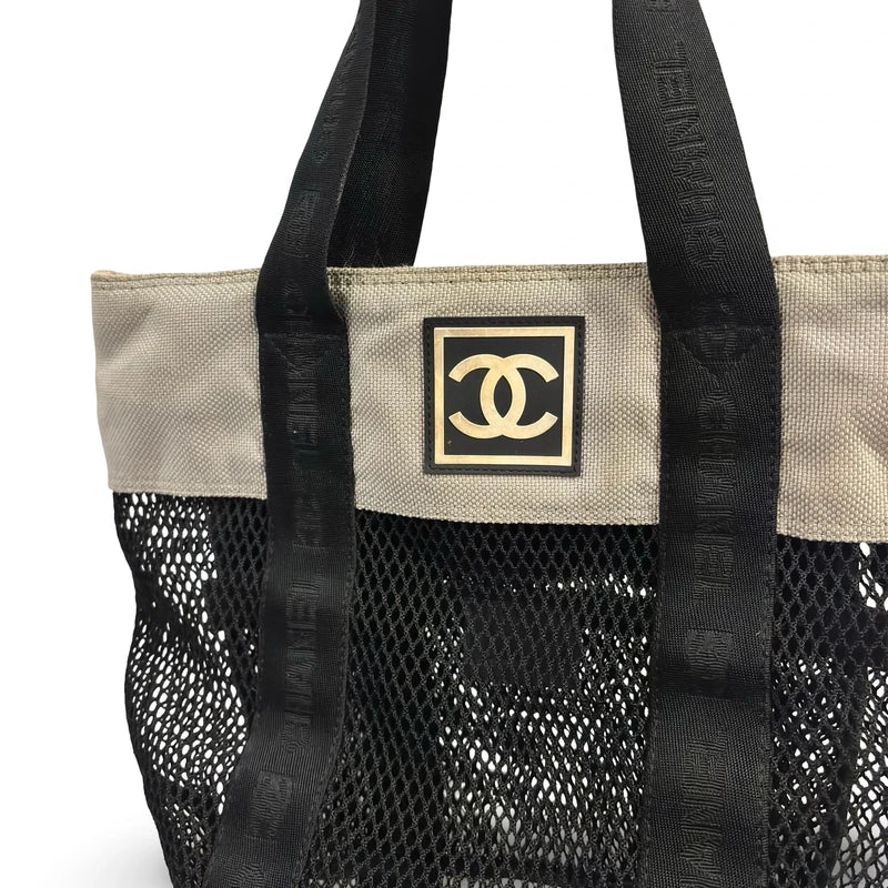 Chanel Rare 2003 Sports Line Vintage Canvas & Mesh Grey & Black CC Tote Shoulder Bag