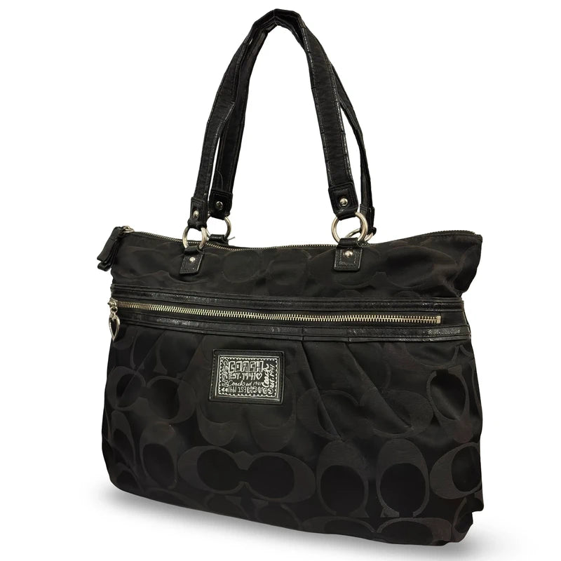 Coach Black ‘Poppy Daisy’ Signature Canvas & Patent Leather Large Vintage Shoulder Bag