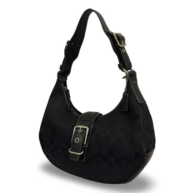 Coach Black Signature Soho Canvas & Leather Vintage Buckle Hobo Shoulder Bag