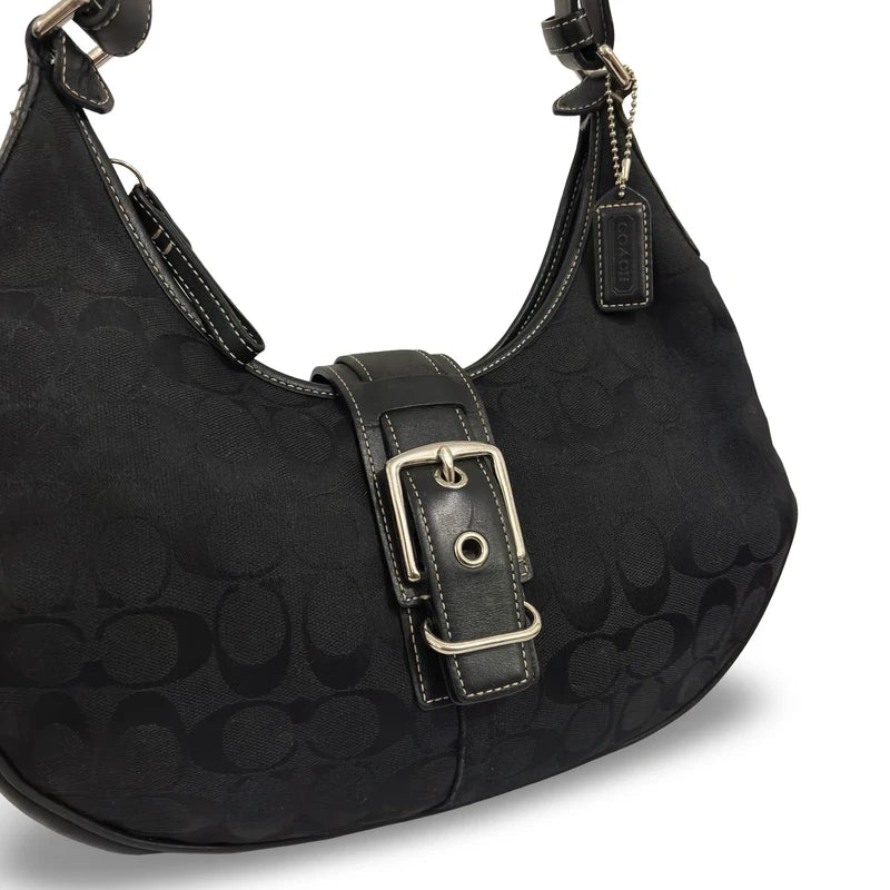 Coach Black Signature Soho Canvas & Leather Vintage Buckle Hobo Shoulder Bag