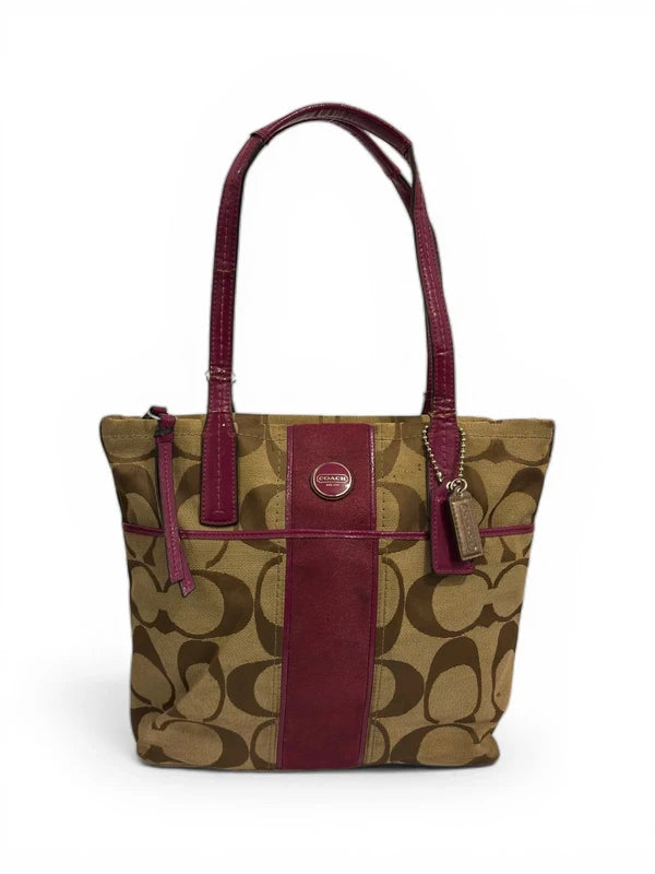 Coach Brown & Pink (Berry) Signature Stripe Vintage Tote Shoulder Bag