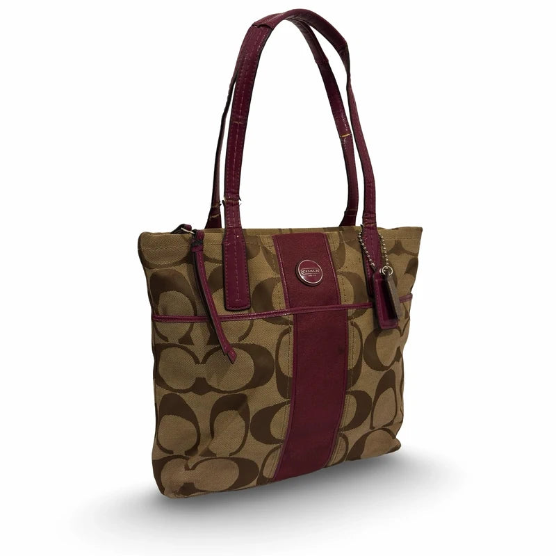 Coach Brown & Pink (Berry) Signature Stripe Vintage Tote Shoulder Bag