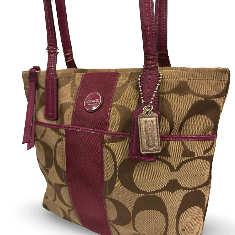 Coach Brown & Pink (Berry) Signature Stripe Vintage Tote Shoulder Bag