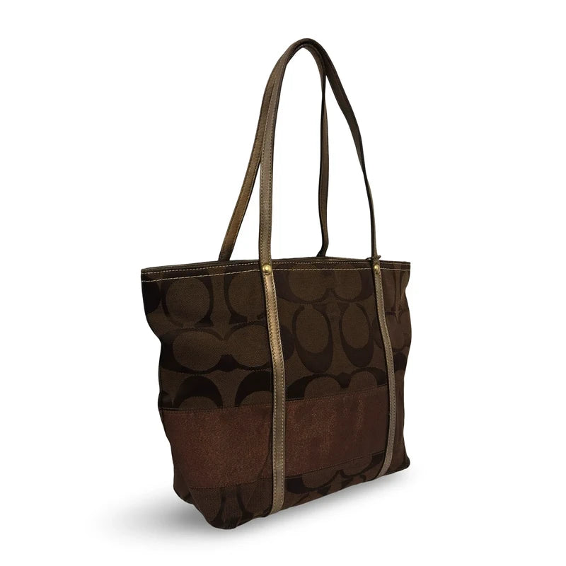 Coach Dark Brown Signature Metallic Stripe Canvas & Leather Tote Shoulder Bag