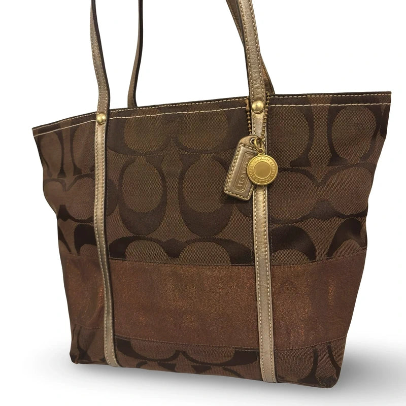 Coach Dark Brown Signature Metallic Stripe Canvas & Leather Tote Shoulder Bag