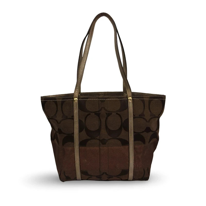 Coach Dark Brown Signature Metallic Stripe Canvas & Leather Tote Shoulder Bag