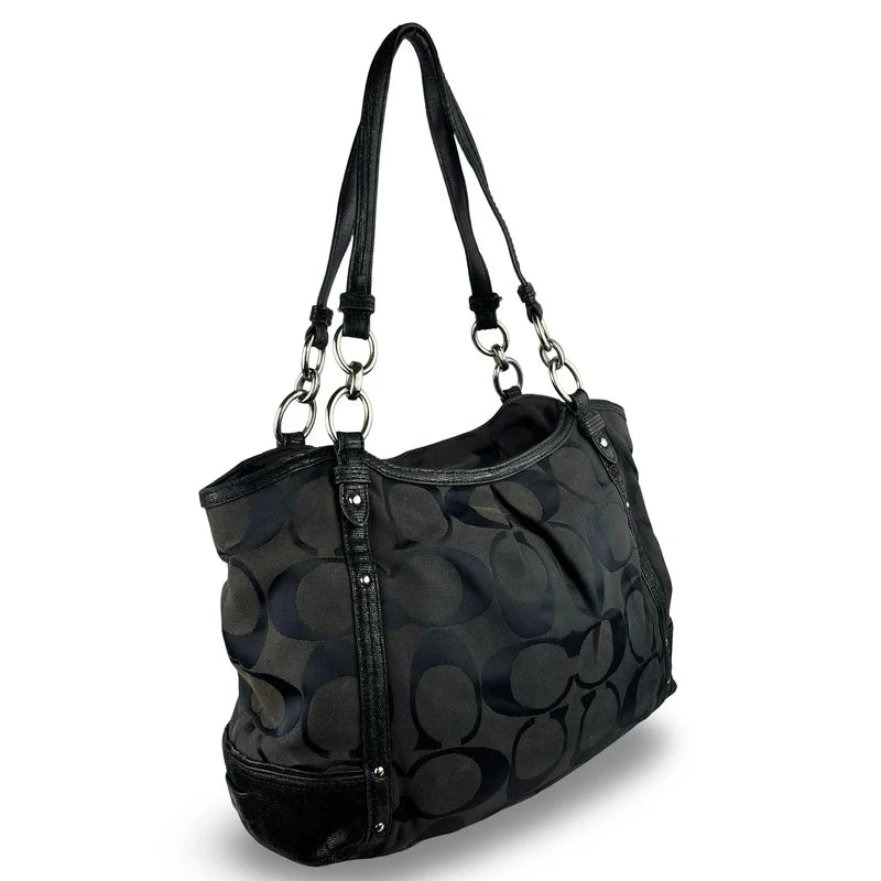 Coach Black Alexandra Signature Canvas & Croc Animal Print Leather Studded Tote Vintage Shoulder Bag
