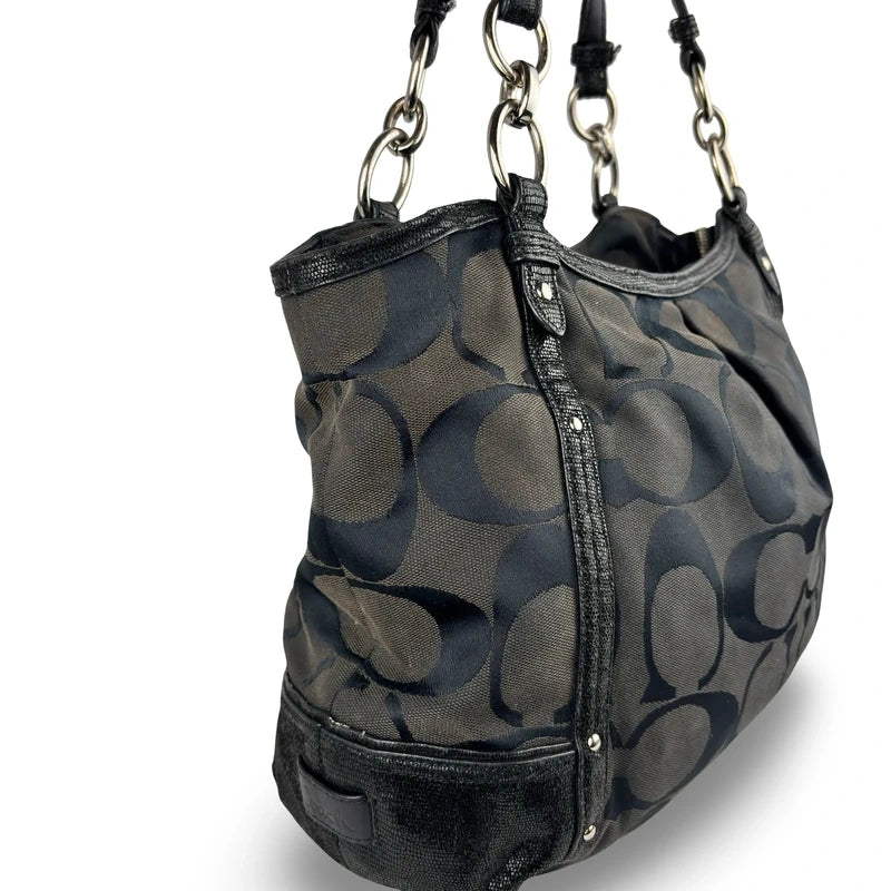 Coach Black Alexandra Signature Canvas & Croc Animal Print Leather Studded Tote Vintage Shoulder Bag