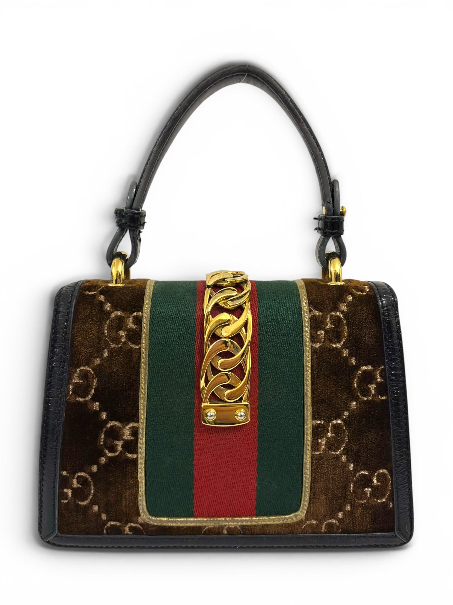 Gucci Sylvie Rare Mini GG Velvet Brown Web Stripe
Gold Hardware 493075 Top Handle Bag