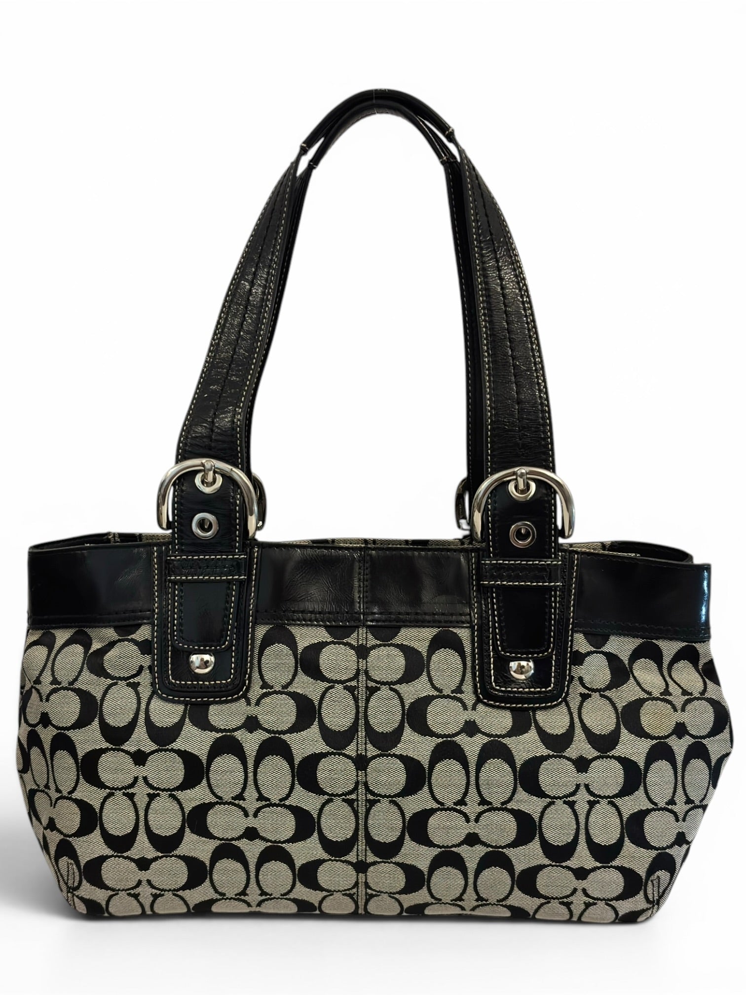 Coach Black & grey Soho Signature Pleated Canvas & Patent Leather Vintage Tote Shoulder Bag