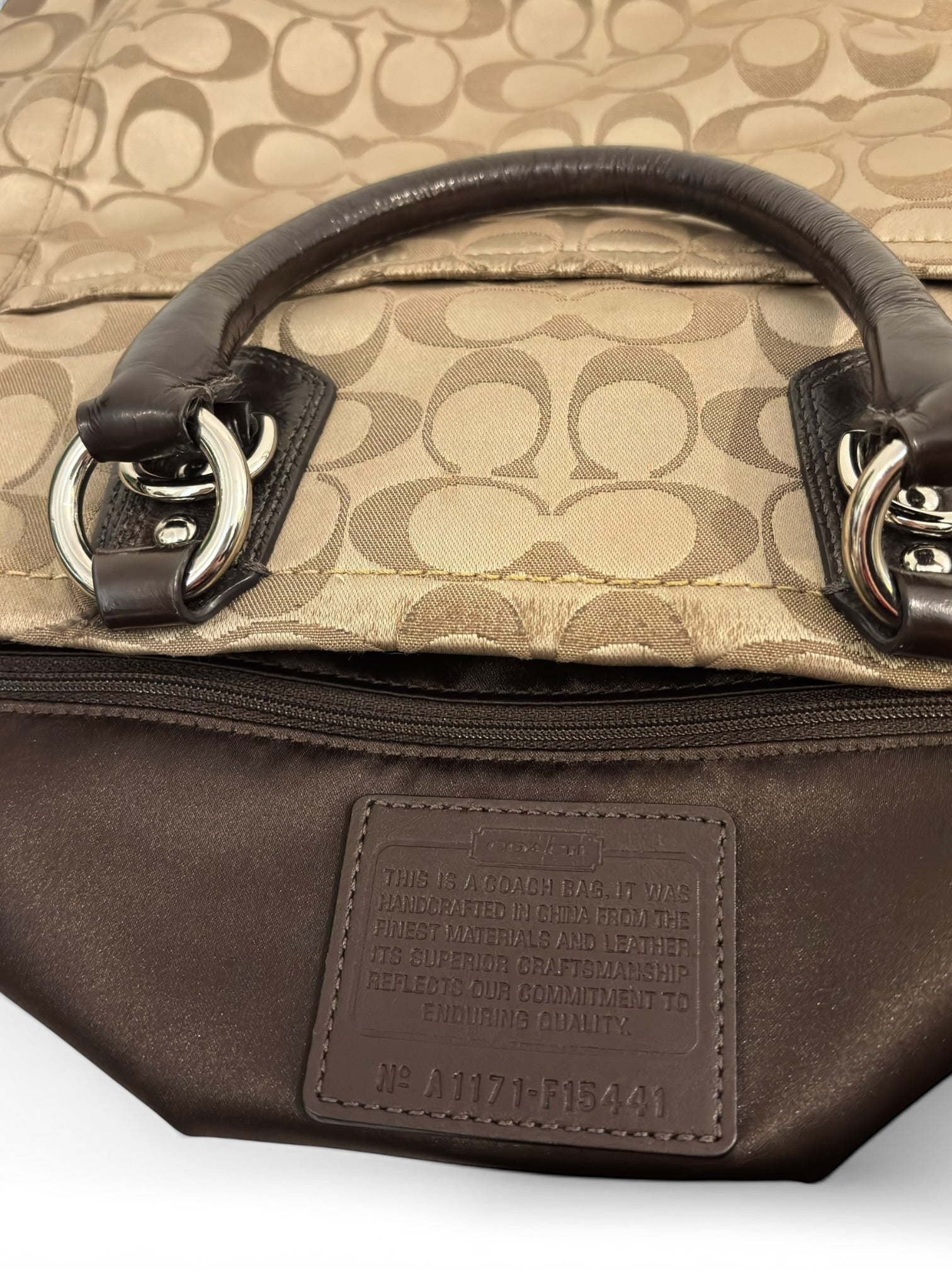 Coach Brown Beige Ashley Signature Canvas Satin & Patent Leather Vintage Shoulder Bag