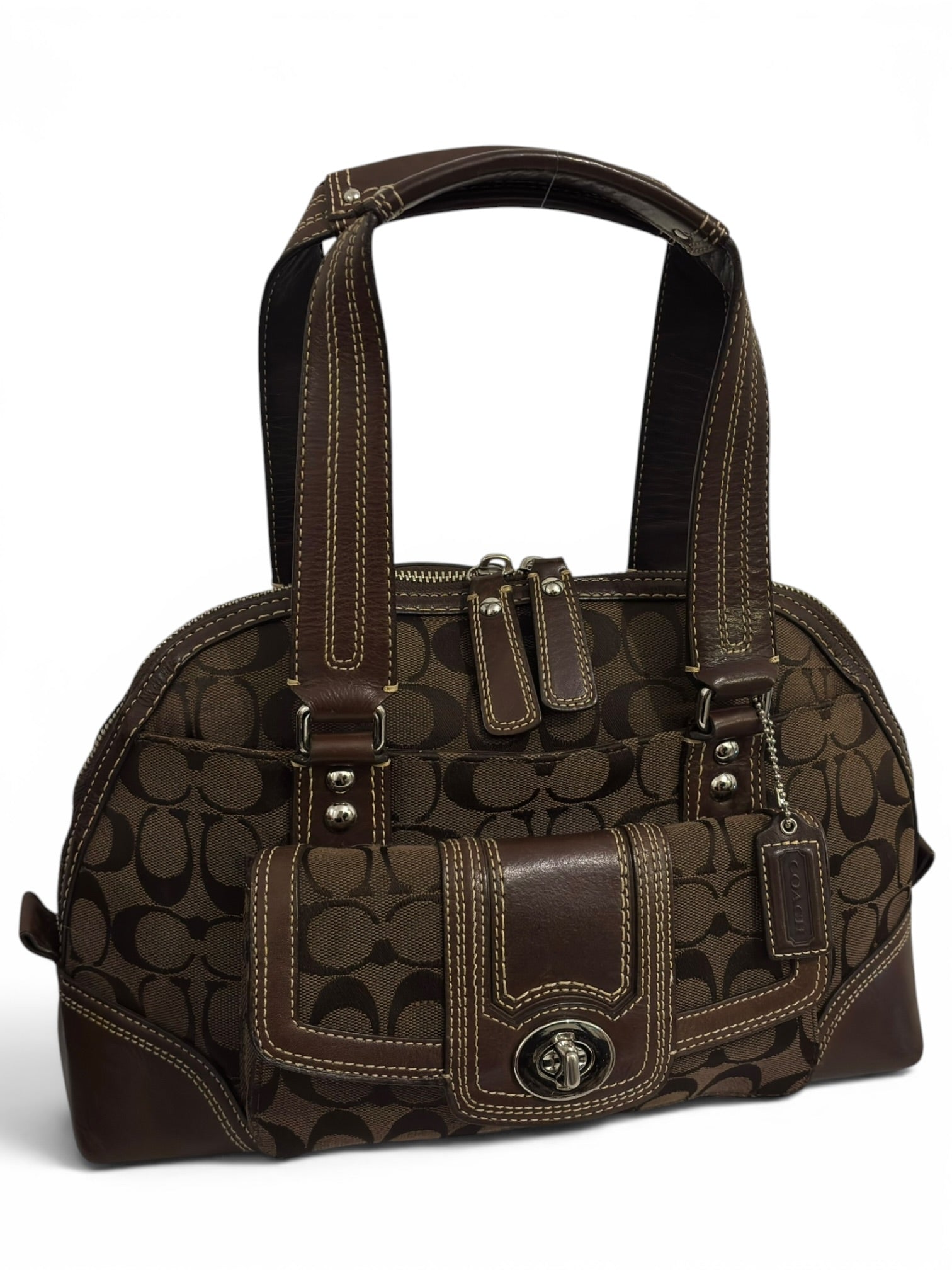 Coach Dark Brown Chocolate Signature Hamptons
Canvas & Leather Dome Shoulder Bag