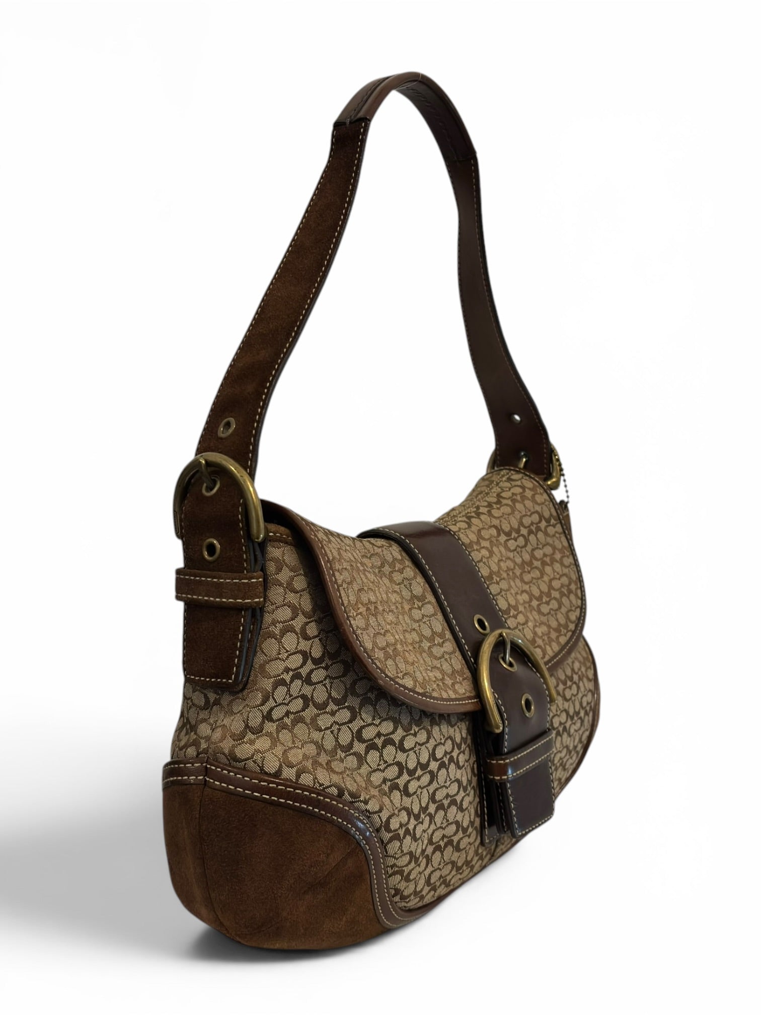 Coach Brown & Beige Signature Soho Flap Buckle Canvas Suede & Leather Hobo Shoulder Bag
G04J-6808
