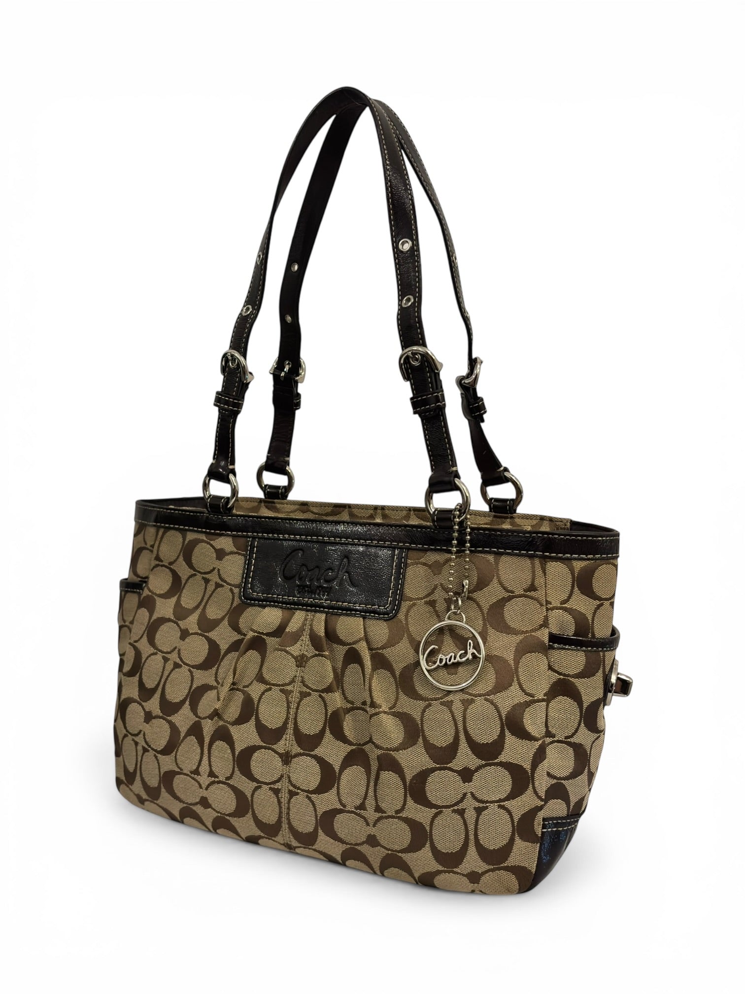 Coach Brown Beige Pleated Signature Gallery Canvas & Patent Leather Tote Shoulder Bag