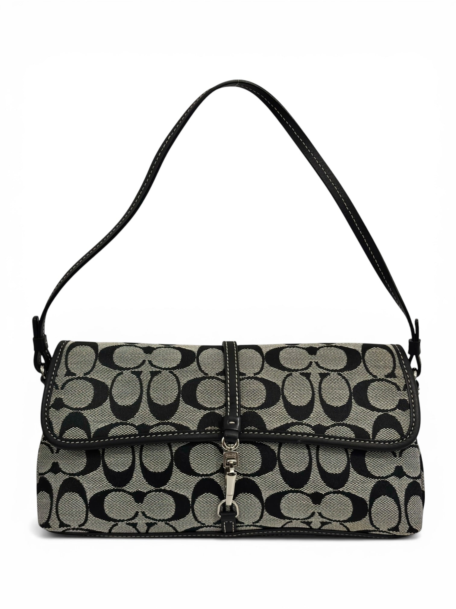 Coach Black & Grey Signature Hampton Clip Canvas & Leather 2000's Shoulder Bag