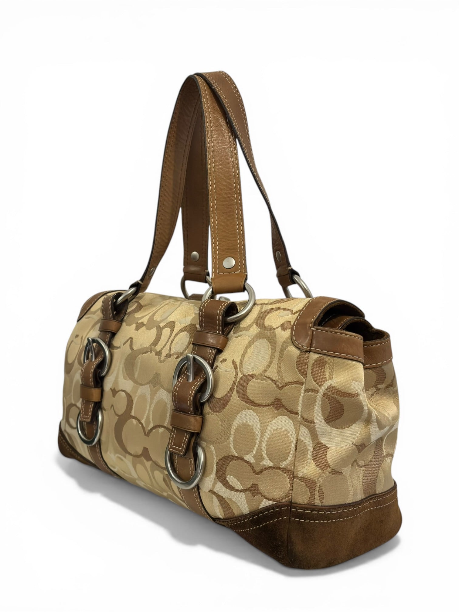 Coach Rare Chelsea Beige & Brown Signature Satin Suede Leather Turnlock Optic Shoulder Bag