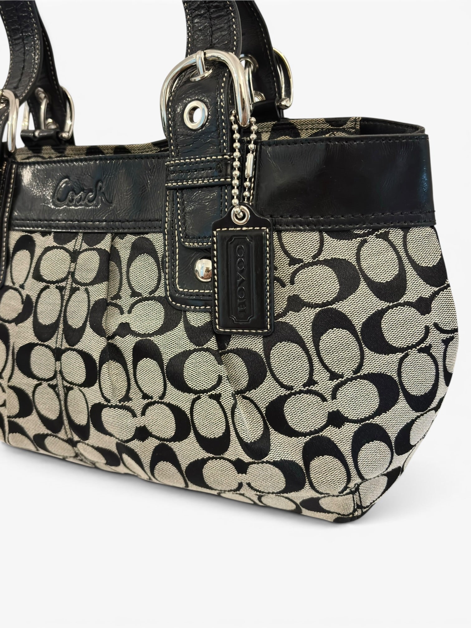 Coach Black & grey Soho Signature Pleated Canvas & Patent Leather Vintage Tote Shoulder Bag