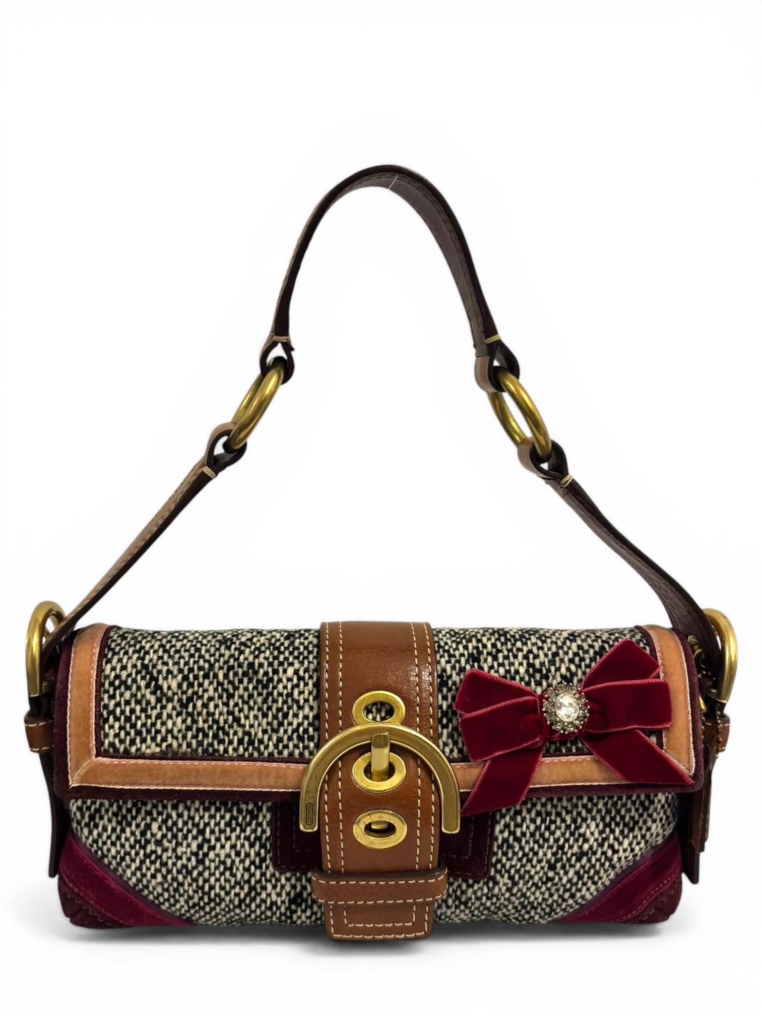 Coach Rare Soho Demi Grey Tweed Brown Leather & Burgundy Suede Shoulder Bag