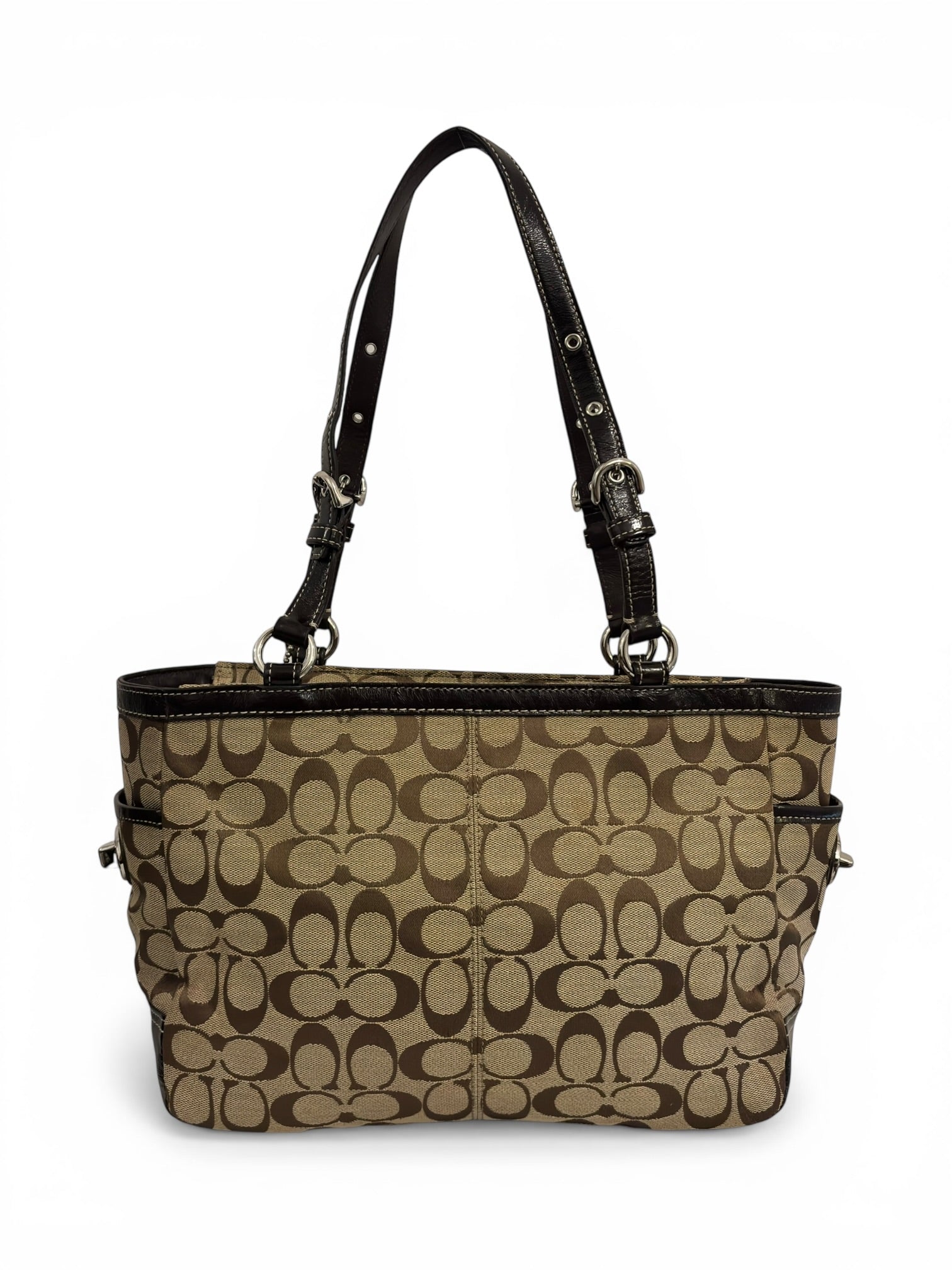 Coach Brown Beige Pleated Signature Gallery Canvas & Patent Leather Tote Shoulder Bag