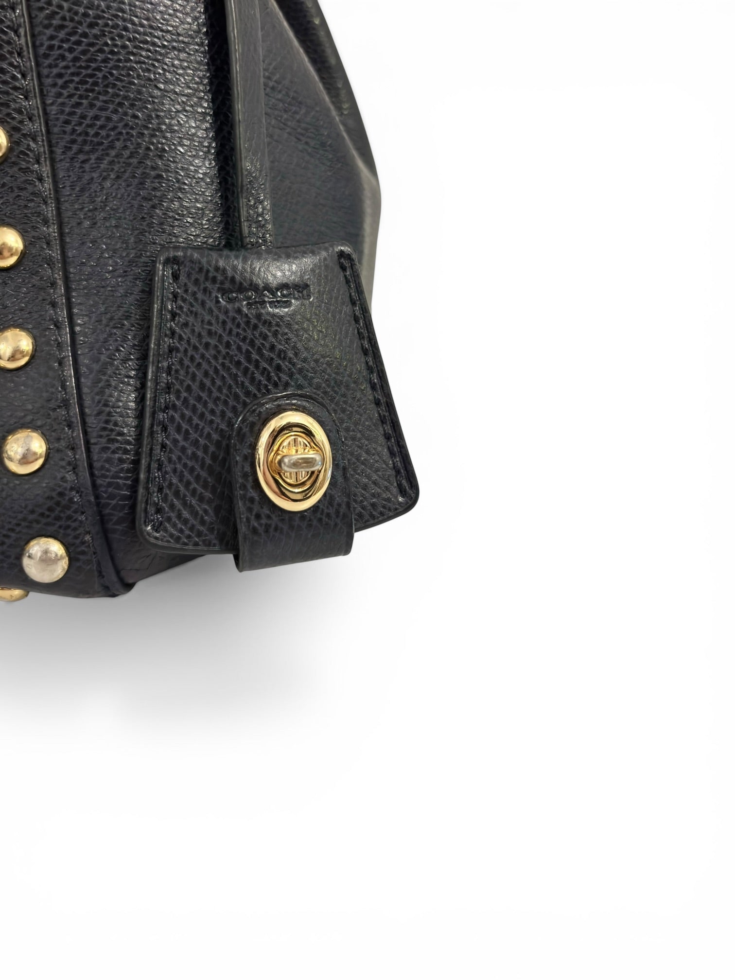 Coach Midnight Navy Blue Margo Saffiano Leather Gold Studded Tote Handbag