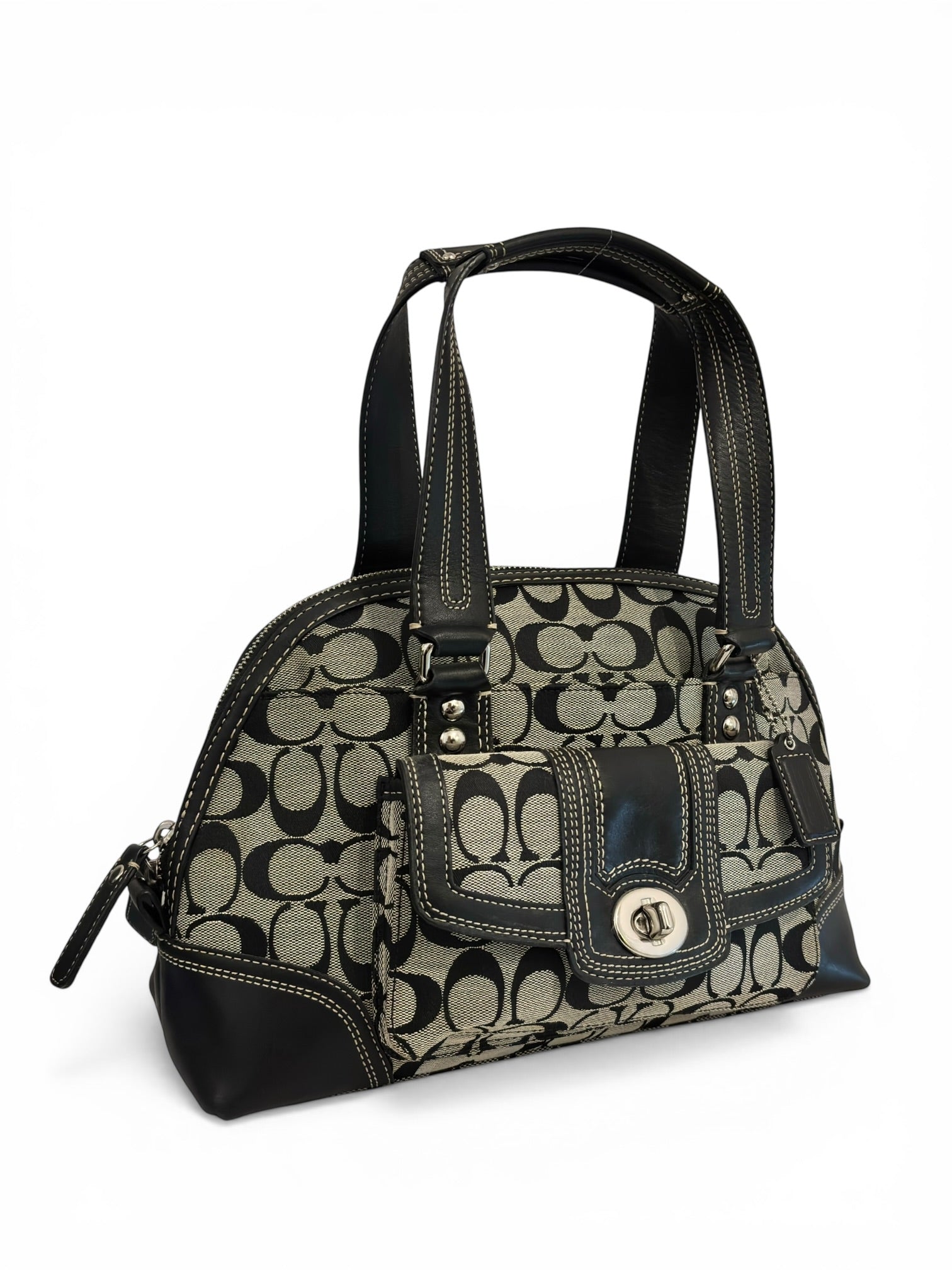 Coach Hampton Black & Grey Signature Turnlock Vintage Dome Shoulder Bag