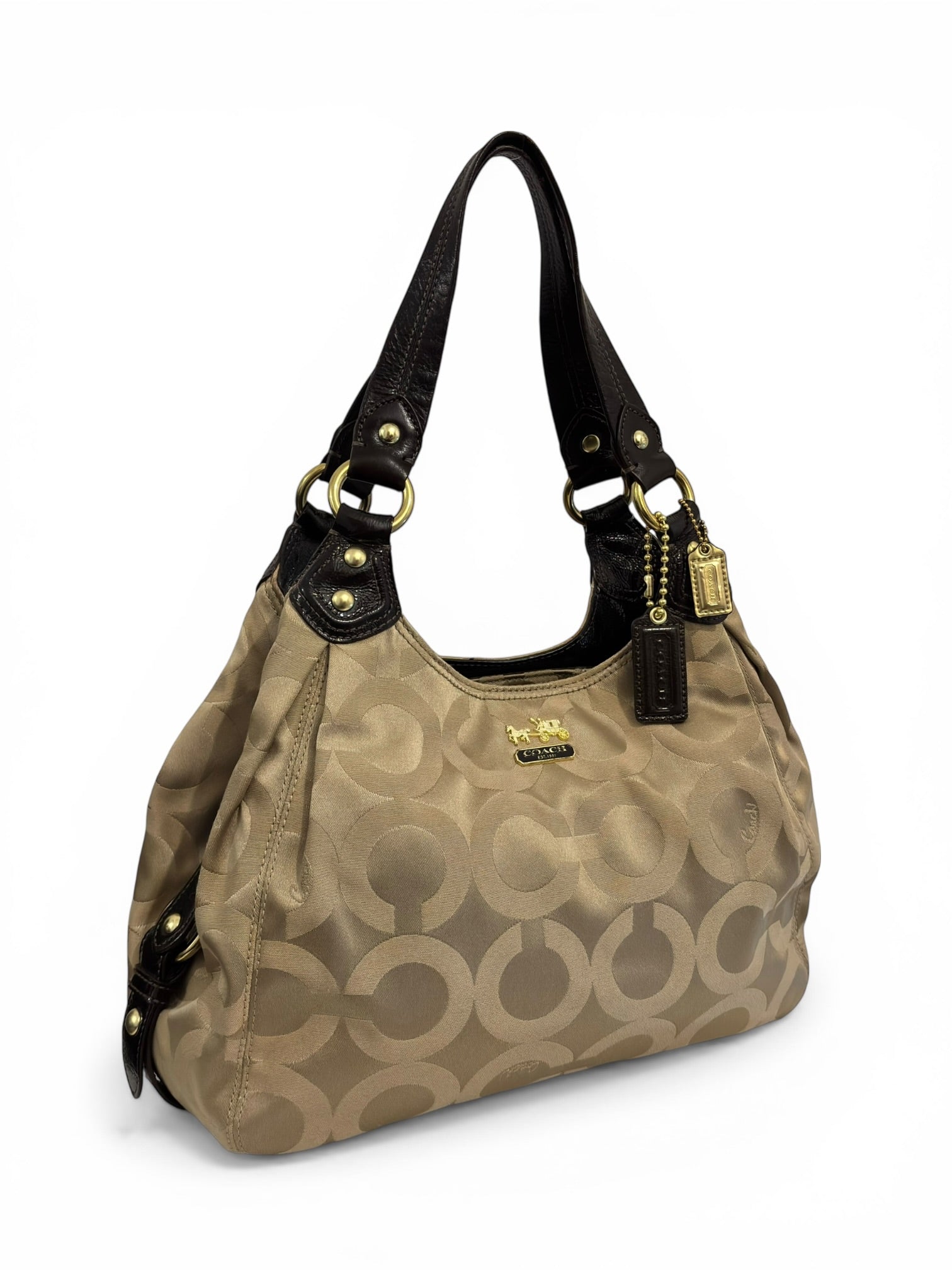 Coach Madison OP Art Sateen Maggie Brown Beige Canvas & Leather Signature Hobo Shoulder Bag