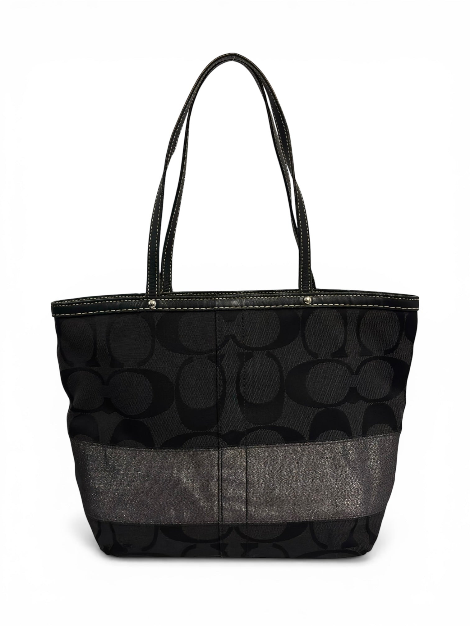 Coach Black Signature Metallic Stripe Canvas & Leather Tote Shoulder Bag