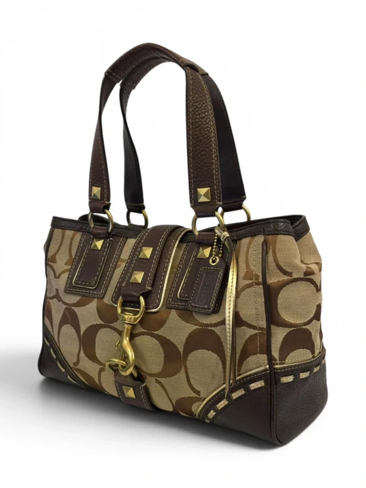 Coach Brown / Beige Studded Signature Vintage Horsebit Shoulder Bag