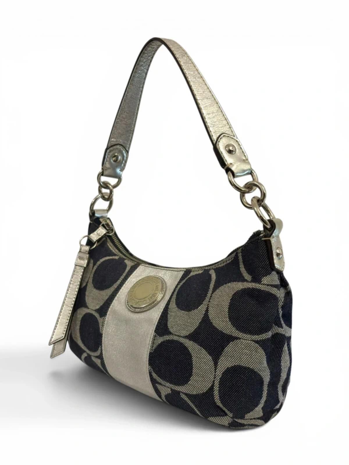 Coach Denim Blue & Silver Demi Signature Baguette Rare F19694 Shoulder Bag