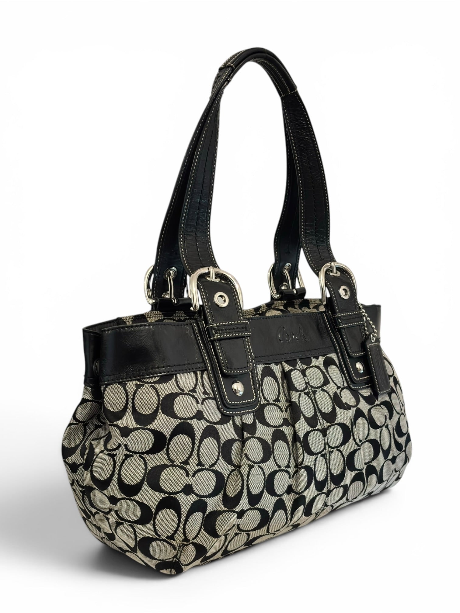 Coach Black & grey Soho Signature Pleated Canvas & Patent Leather Vintage Tote Shoulder Bag