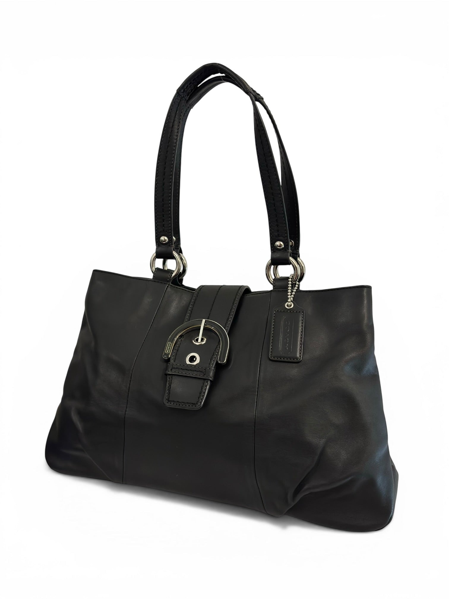 Coach Soho Black Leather Buckle East West Tote Shoulder Bag